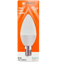 (1 Adet) Osaka 7W (50W) Sarı Işık (3000K) E14 Duylu (İnce Duy) Led Mum Ampul