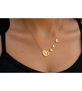 Kişiye Özel 925 Ayar Gümüş Tasarım Kelebek Detaylı Kalp İsim Kolye (Gold)