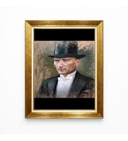 Tablore Atatürk Portresi Siyah Silindir Şapkalı Kanvas Tablo Altın Rengi Çerçeveli