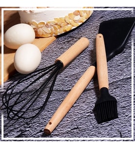 Bambu Saplı Silikon Spatula & Çırpıcı & Fırça -  Siyah