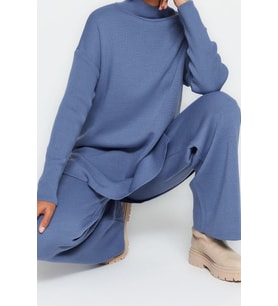 Tarz Kadın Modern Moda Normal Bel Geniş Paça Balıkçı Yaka Yırtmaçlı Geniş Paça Triko Alt-Üst Takım