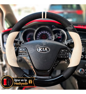Kia Pro Ceed Dikme Direksiyon Kılıfı Delikli Deri Parlak Siyah Bej Detay Çift Yüzük ve Dikiş 2013-2018