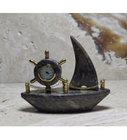 Mermer Saatli Gemi Masaüstü Biblo Süs Eşyası Dekorasyon Hediyelik 11cm (Kahverengi)