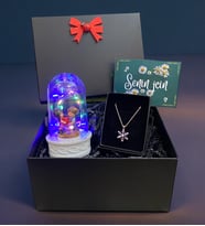 Renkli Led Işıklı Fanus ve Gerçek Ametist Taşlı Lotus Kolye, Siyah Hediye Kutusunda (Model 7)