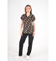 Unisex Cool Cats Club Desenli Doktor Hemşire Hastane Aşçı Mutfak Scrubs Üniforma Takım (Siyah)