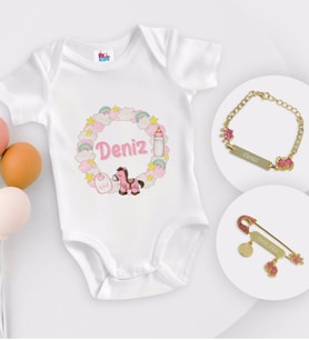 BK Kids Kişiye Özel İsimli Beyaz Bebek Body Zıbın Kız Bebek Künyesi ve İğnesi Hediye Seti-24