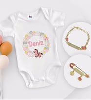 BK Kids Kişiye Özel İsimli Beyaz Bebek Body Zıbın Kız Bebek Künyesi ve İğnesi Hediye Seti-24