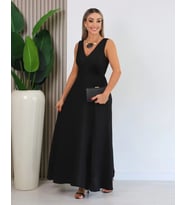 Kadın Askılı Derin V Yakalı Yırtmaçlı Uzun Elbise