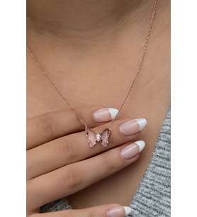 925 Ayar Gümüş Pembe Zirkon Taşlı Kelebek Kolye