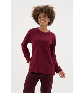 Kadın Bisiklet Yaka Ekose Desenli Şık Tasarım Pijama Takımı (Bordo)