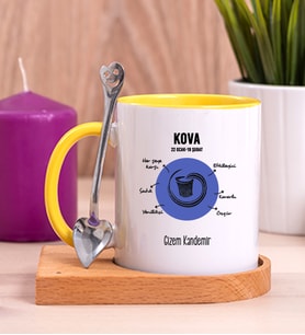 Kişiye Özel Kova Burcuna Hediye Ahşap Altlıklı Sarı Kupa Bardak