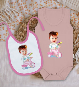 BK Kids Kişiye Özel Karikatürlü Pembe %100 Pamuklu Askılı Sıfır Kol Bebek Body Zıbın ve Mama Önlüğü Hediye Seti-1