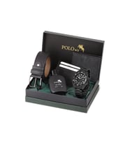 Polo Air Mercek Takvimli Erkek Kol Saati Cüzdan Kemer Kartlık Parfüm Seti Siyah Renk PL-7073E1