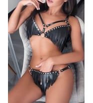 Fastieshop Püsküllü Deri Sütyen Takım (Siyah)