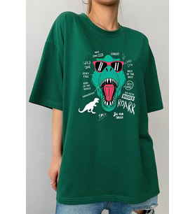 Unisex T - Rex Baskılı T-shirt (Yeşil)