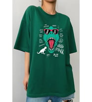 Unisex T - Rex Baskılı T-shirt (Yeşil)