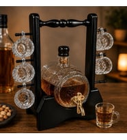 Ahşap Standlı Cam Fıçı Dekantör 400 ml 6'lı Shot Bardaklı Bar Seti