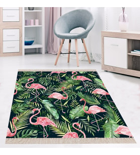 Yeşil Tropikal Yaprak Flamingo Desen Çerçeveli Dijital Baskı Yıkanabilir Kaymaz Taban Salon Halı
