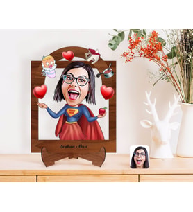 BK Gift Kişiye Özel Anneler Günü Temalı Süper Anne Karikatürlü Ahşap Standlı 3D Biblo-1 (Beyaz)