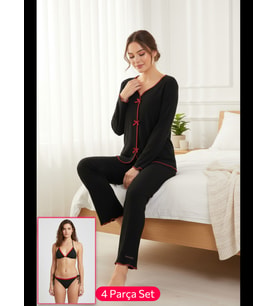Fantezia Night Premium Kadın 4’lü Fitilli Set – Siyah Kırmızı Biyeli (Pijama Üst, Pantolon, Bikini Takımı)