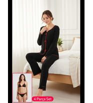 Fantezia Night Premium Kadın 4’lü Fitilli Set – Siyah Kırmızı Biyeli (Pijama Üst, Pantolon, Bikini Takımı)