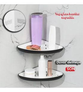 Porsima 0447 2'li İstiridye Banyo Köşe Rafı - Yapışkanlı Duş Rafı Banyo Düzenleyici Organizer - Siyah