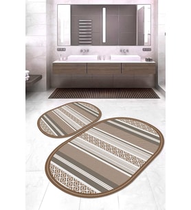 Dijital Baskılı Kaymaz Taban Yıkanabilir Oval 2'li Klozet Takımı Banyo Paspası NOKZ-HT-1391 (Kahverengi)