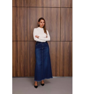 2252-Denim Ara Boy Püsküllü Etek Koyu Mavi