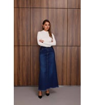 2252-Denim Ara Boy Püsküllü Etek Koyu Mavi