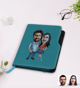 BK Gift Kişiye Özel Sevgililer Karikatürlü Turkuaz Termo Deri Defter-105