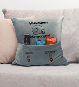BK Gift Eğlenceli Tasarımlı Organizer Kumanda ve Atıştırmalık Cepli Gri Kırlent Yastık- 5, Ev Dekoru, Ev Hediyesi