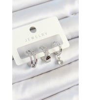 Pirinç Zirkon Taşlı Halka Model Gümüş Renk 3'lü Çift Kadın Küpe Set TJ-BKP10800