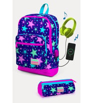 Coral High Kids Saks Pembe Yıldız Desenli USB'li 2'li Okul Çanta Seti - Kız Çocuk