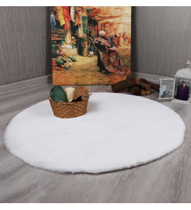 Dekoratif Tavşan Tüyü Ultra Yumuşak Peluş Yuvarlak Halı Beyaz