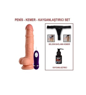 19 cm Belden Bağlamalı Titreşimli Realistik Dildo Penis Set