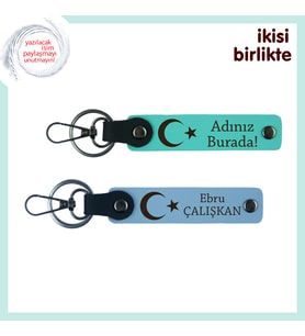 Gönlündeki Yerini Taçlandıran Hediye – Ay Yıldız Desenli Kişisel Anahtarlık, Turkuaz-Gök Mavi