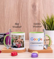 Kayınpedere Hediye Google Tasarım Fotoğraflı Ahşap Altlıklı Yeşil Kupa