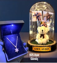 Premium Işıklı Kutuda 925 Ayar Gümüş Lotus Kolye ve Kişiye Özel Led Işıklı Fanus (Model 1)