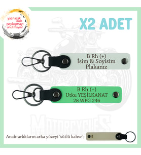 Motorcu Arkadaşlara, İsim Plaka ve B RH+ Kan Grubu Yazılı Acil Durum Anahtarlığı, Beyaz-F Yeşil-SK