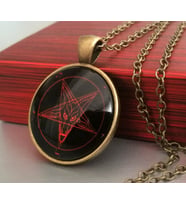 Antik Metal Üzeri Cam Baskılı Siyah Lucifer Kolye- Pentagram Kolye