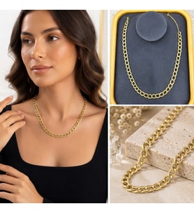 Premium Parlak ve Şık Gold Renk Kalın Zincir 316L Çelik Kadın Kolye (45cm)
