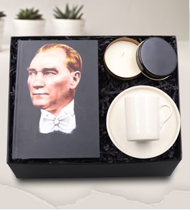 Mustafa Kemal Atatürk Resimli Defter & Atatürk İmzalı Siyah Metal Kutulu Mum & Beyaz Fincan Hediye Seti