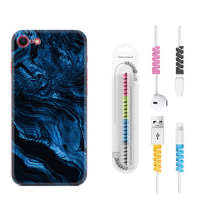 Apple iPhone 5 6 7 8 Plus Se XR Kılıf Kablo Koruma Spiral Silikon Blue MArble 1379
