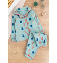 Önden Çıt Çıtlı Tavşan Desenli Yeşil Pamuklu Erkek Bebek/Çocuk Pijama Takımı (Su Yeşili)