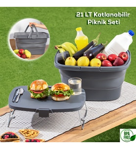 Porsima 07-1304 Katlanır Piknik Sepeti - Silikonlu Katlanabilir Saklama Kutusu - 21 L Antrasit