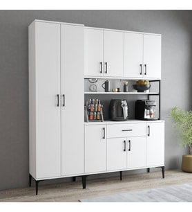 Tanmob MDL0601 Alt Üst Çift Kapılı Çok Amaçlı Dolap 8 Kapaklı Çekmeceli Raflı Beyaz