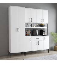 Tanmob MDL0601 Alt Üst Çift Kapılı Çok Amaçlı Dolap 8 Kapaklı Çekmeceli Raflı Beyaz
