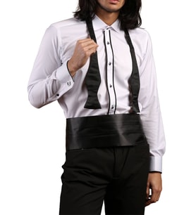 Beyaz Siyah Çift Bieli Damatlık Ata Yaka Kol Düğmeli Slim Fit Smokin Gömlek - 003