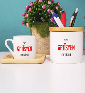 Optisyen Türk Kahvesi Fincanı Ahşap Altlıklı ve Kalemlik
