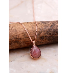 Doğal Rodonit Taşlı Damla Mini Rose Gümüş Kolye 7734